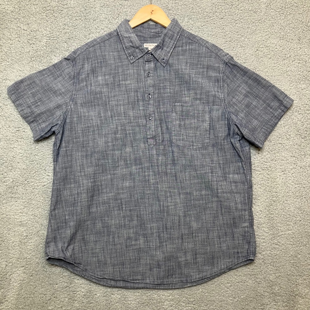 Merona‎ Henley Pullover Shirt Men XXL Blue Chambray Short Sleeve Cotton Beach